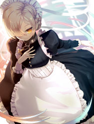 Rule 34 | 1girl, apron, azur lane, blonde hair, chain, commentary request, cross, dutch angle, from above, hair over one eye, inverted cross, long sleeves, looking away, maid headdress, misago (525), sheffield (azur lane), solo, yellow eyes
