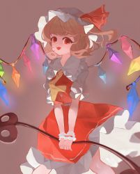 Rule 34 | 1girl, blonde hair, buttons, cindy717, collared shirt, cowboy shot, fang, flandre scarlet, frilled shirt collar, frilled skirt, frills, glowing, glowing wings, hat, highres, holding, holding polearm, holding weapon, laevatein (touhou), looking at viewer, medium hair, mob cap, multicolored wings, open mouth, polearm, red eyes, red skirt, red vest, shirt, skin fang, skirt, skirt set, solo, touhou, vest, weapon, white hat, white shirt, wings