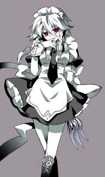 Rule 34 | 1girl, between fingers, biting, female focus, finger biting, grey background, holding, izayoi sakuya, knife, maid, monochrome, red eyes, solo, spot color, tenkuu sphere, throwing knife, touhou, weapon