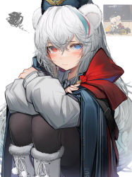 Rule 34 | 1girl, absurdres, animal ears, arknights, bad id, bad pixiv id, bear ears, black cape, black hat, black pantyhose, blue eyes, blush, boots, cape, closed mouth, coat, feet out of frame, fur-trimmed boots, fur hat, fur trim, grey hair, hat, heterochromia, highres, knee boots, long hair, long sleeves, looking at viewer, pantyhose, pom pom (clothes), red eyes, red ribbon, ribbon, rosa (arknights), self hug, sitting, solo, squiggle, tab head, thighband pantyhose, ushanka, v-shaped eyebrows, very long hair, white coat, white footwear