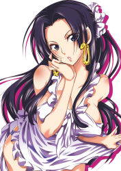 Rule 34 | 1girl, absurdres, amazon lily, amazon warrior, apron, bare shoulders, black hair, blue eyes, blush, boa hancock, breasts, cleavage, earrings, highres, jewelry, long hair, naked apron, one piece, panties, solo, underwear, yu-ri (kurione-sha)