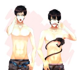 Rule 34 | 2boys, ao no exorcist, black hair, blue eyes, brothers, glasses, highres, multiple boys, okumura rin, okumura yukio, open mouth, pointy ears, topless male, siblings, tail, underwear, unzipped, yaoi