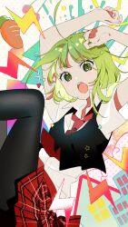Rule 34 | 1girl, :o, absurdres, alternate costume, arms up, black pantyhose, black vest, building, carrot, collared shirt, commentary, confetti, cropped vest, feet out of frame, green eyes, green hair, gumi, highres, knees up, lightning bolt symbol, looking at viewer, necktie, omutatsu, open mouth, pantyhose, plaid, plaid skirt, pleated skirt, polka dot, polka dot background, red necktie, red skirt, setsuna trip (vocaloid), shirt, short hair, simple background, skirt, solo, star (symbol), teeth, upper teeth only, vest, vocaloid, white background, white shirt