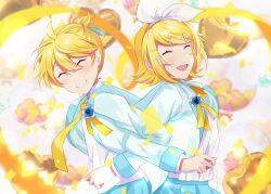 Rule 34 | 1boy, 1girl, balloon, blonde hair, blurry, blurry background, blush, boutonniere, bow hairband, brother and sister, closed eyes, grin, hair ornament, hair ribbon, hairband, hairclip, heart balloon, jacket, kagamine len, kagamine rin, locked arms, long sleeves, matching outfits, moso4hc, neck ribbon, necktie, ponytail, ribbon, short hair, siblings, skirt, smile, twins, vocaloid