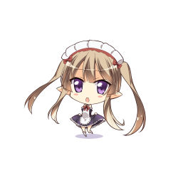 Rule 34 | 10s, 1girl, apron, blush stickers, brown hair, chibi, elf, gia kon, looking at viewer, maid, maid apron, maid headdress, myucel foalan, open mouth, outbreak company, pointy ears, purple eyes, ribbon, skirt hold, solo, twintails