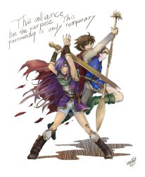 Rule 34 | 1990s (style), 1boy, 1girl, bad id, bad pixiv id, blue eyes, boots, brown hair, bartz klauser, cape, dual wielding, english text, faris scherwiz, final fantasy, final fantasy v, green eyes, headband, highres, holding, long hair, niboshi514, open mouth, popped collar, purple hair, simple background, sword, torn clothes, weapon, white background