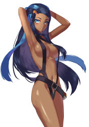 Rule 34 | 1girl, armpits, arms behind head, arms up, bare arms, bare shoulders, belt, belt buckle, black hair, black one-piece swimsuit, black slingshot swimsuit, blue eyes, blue hair, blush, breasts, buckle, cleavage, cosplay, cowboy shot, creatures (company), dark-skinned female, dark skin, earrings, eyeshadow, forehead, game freak, highres, hoop earrings, jewelry, long hair, makeup, medium breasts, misty (pokemon), misty (pokemon) (cosplay), moroes, multicolored hair, navel, nessa (pokemon), nintendo, one-piece swimsuit, parted lips, pokemon, pokemon: the electric tale of pikachu, pokemon swsh, simple background, slingshot swimsuit, smile, solo, stomach, swimsuit, thighs, two-tone hair, very long hair, white background