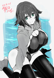Rule 34 | 1girl, black gloves, black thighhighs, blue background, breasts, cleavage, competition swimsuit, cropped jacket, dated, fukami nana (awono nanaumi), gloves, green eyes, greyscale with colored background, hair flaps, highres, large breasts, looking at viewer, one-piece swimsuit, original, signature, smile, solo, swimsuit, tagami haru, thick thighs, thighhighs, thighs, water, wet, zipper