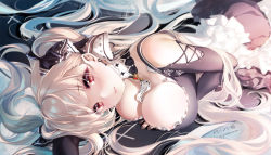 Rule 34 | 1girl, azur lane, bare shoulders, between breasts, black dress, black nails, blonde hair, blush, breasts, cleavage, dress, earrings, formidable (azur lane), frilled dress, frills, hair ornament, hair ribbon, head tilt, highres, jewelry, large breasts, long hair, long sleeves, looking at viewer, lying, nail polish, on stomach, paint musume, red eyes, ribbon, solo, twintails