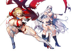 Rule 34 | 2girls, azur lane, bad anatomy, belt, black gloves, black skirt, blonde hair, blue ribbon, braid, breasts, cape, capelet, closed mouth, covered erect nipples, elbow gloves, eyes visible through hair, fur-trimmed cape, fur trim, gloves, hair between eyes, hair ribbon, hat, high heels, holding, holding sword, holding weapon, large breasts, medium hair, melon22, multiple girls, muscular, muscular female, parted lips, prince of wales (azur lane), red cape, red eyes, ribbon, simple background, skirt, sovetskaya rossiya (azur lane), splashing, sword, thighhighs, thighs, torn, torn clothes, weapon, white background, white capelet, white gloves, white headwear, white legwear