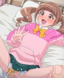 Rule 34 | 1boy, 1girl, :d, bed sheet, blush, bow, bowtie, brown eyes, brown hair, censored, clothed sex, clothing aside, commentary request, green skirt, healin&#039; good precure, hetero, hiramitsu hinata, long sleeves, lying, missionary, mosaic censoring, oekaki, on back, open mouth, panties, panties aside, penis, pillow, precure, sex, short hair, skirt, smile, spread legs, tomu (tomubobu), twintails, underwear, vaginal, yellow neckwear, yellow panties