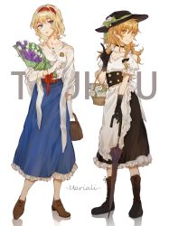 Rule 34 | 2girls, adapted costume, alice margatroid, alternate costume, apron, bad id, bad pixiv id, bag, basket, belt, blonde hair, blue eyes, boots, bouquet, bow, braid, choker, earrings, flower, gloves, hair bow, hair ribbon, hat, highres, jewelry, kirisame marisa, long hair, looking at viewer, meng ziya, multiple girls, necklace, ribbon, short hair, skirt, touhou, umbrella, witch hat, yellow eyes