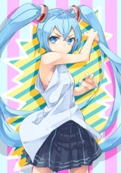 Rule 34 | 1girl, armpits, bare shoulders, black skirt, blue eyes, blue hair, blush, breasts, closed mouth, commentary, cowboy shot, crossed bangs, dot nose, double-parted bangs, fighting stance, frown, hair between eyes, hair ornament, hands up, hatsune miku, kuresuku (lessons), long hair, long shirt, looking at viewer, miniskirt, multicolored background, pleated skirt, shirt, sideboob, sideways glance, skirt, sleeveless, sleeveless shirt, small breasts, solo, thick eyelashes, twintails, v-shaped eyebrows, very long hair, vocaloid, white shirt