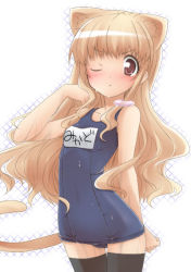 Rule 34 | :&lt;, animal ears, blush, brown eyes, brown hair, cat ears, chicago-x, long hair, name tag, one-piece swimsuit, one eye closed, original, school swimsuit, solo, swimsuit, thighhighs, wink