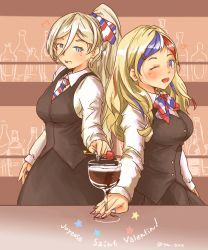 Rule 34 | 2girls, alternate costume, anchor hair ornament, bartender, blonde hair, blue eyes, blue hair, bowtie, brown skirt, brown vest, collared shirt, commandant teste (kancolle), commentary request, french flag, french text, hair between eyes, hair ornament, highres, kantai collection, long hair, mole, mole under eye, mole under mouth, multicolored hair, multicolored nails, multiple girls, nail polish, neckwear request, red hair, richelieu (kancolle), shirt, skirt, streaked hair, striped bow, striped bowtie, striped clothes, swept bangs, thrux, tongue, tongue out, vest, white hair, white shirt