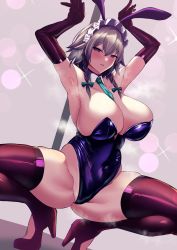 Rule 34 | 1girl, absurdres, animal ears, armpits, arms up, bare shoulders, between breasts, blue eyes, blush, braid, breasts, brown gloves, brown thighhighs, cleavage, collarbone, commentary request, detached collar, ear gesture, elbow gloves, fake animal ears, gloves, green ribbon, hair ribbon, high heels, highres, izayoi sakuya, leotard, maid headdress, necktie, necktie between breasts, playboy bunny, pole, rabbit ears, ribbon, sinkai, solo, squatting, steaming body, thighhighs, touhou, tress ribbon, twin braids