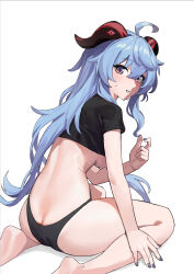 Rule 34 | 1girl, absurdres, ahoge, ass, bare legs, barefoot, black panties, black shirt, blue hair, breasts, butt crack, commentary, crop top, foot out of frame, ganyu (genshin impact), genshin impact, grey nails, hair between eyes, highres, horns, large breasts, legs, long hair, looking at viewer, midriff, nail polish, panties, parted lips, purple eyes, shirt, simple background, sitting, soles, solo, thighs, underboob, underwear, very long hair, wariza, white background, wudongyouyi