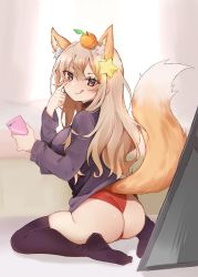 Rule 34 | 1girl, :q, absurdres, animal ear fluff, animal ears, annytf, ass, black sweater, black thighhighs, brown eyes, brown hair, cellphone, extra ears, food, food on head, fox ears, fox girl, fox tail, fruit, fruit on head, hair between eyes, hair ornament, highres, holding, holding phone, indie virtual youtuber, leotard, leotard under clothes, long hair, long sleeves, looking at viewer, mirror, object on head, orange (fruit), pencilanon, phone, red leotard, seiza, sitting, skindentation, smartphone, solo, star (symbol), star hair ornament, sweater, tail, thighhighs, tongue, tongue out, virtual youtuber
