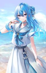 Rule 34 | 1girl, belt, blue choker, blue eyes, blue hair, bracelet, choker, closed mouth, commentary request, dress, grey belt, hair between eyes, hair ornament, hand up, highres, hololive, hoshimachi suisei, hoshimachi suisei (school uniform), jazztaki, jewelry, long hair, looking at viewer, ocean, outdoors, short sleeves, smile, solo, virtual youtuber, water, white dress