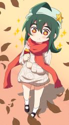 Rule 34 | + +, 1girl, :t, ahoge, aran sweater, autumn, autumn leaves, black footwear, blush, cable knit, closed mouth, commentary request, dokuta, eating, food, fringe trim, from above, full body, green hair, green headwear, hair between eyes, highres, holding, holding food, long hair, long sleeves, original, red eyes, red scarf, roasted sweet potato, scarf, shoes, sleeves past wrists, socks, solo, sparkle, star (symbol), sweater, sweet potato, thick eyebrows, white socks, white sweater