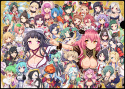 Rule 34 | 6+girls, :d, ;), ;d, age difference, ahoge, akechi mitsuhide (sengoku collection), amago tsunehisa (sengoku collection), animal ears, annotated, aqua hair, armband, armor, armpits, arms up, ashikaga yoshiteru (sengoku collection), bandages, beethoven (sengoku collection), bell, between breasts, bindi, black border, black hair, blonde hair, blue eyes, blunt bangs, border, bow, braid, breasts, bridal gauntlets, brooch, brown eyes, brown hair, buckle, cat ears, center opening, charm (object), checkered background, choker, circlet, cleavage, cleavage cutout, clothing cutout, collar, collarbone, criss-cross halter, dark-skinned female, dark skin, date masamune (sengoku collection), demon girl, demon horns, dress, dripping, everyone, eyebrows, facial hair, facial mark, fake animal ears, feather hair ornament, feathers, fingerless gloves, flat chest, flipped hair, folding fan, food, forehead mark, forehead protector, fork, fox ears, fur trim, fuuma kotarou (sengoku collection), glasses, gloves, gradient hair, green eyes, green hair, grey eyes, grin, hair between eyes, hair bobbles, hair bow, hair intakes, hair ornament, hair over one eye, hairband, halterneck, hand fan, hat, heart, heart-shaped pupils, heterochromia, highres, hijikata toshizou (sengoku collection), hiraga gennai (sengoku collection), holding, horns, houjou souun (sengoku collection), ice cream, imagawa yoshimoto (sengoku collection), itou ittousai (sengoku collection), jack-o&#039;-lantern, japanese armor, japanese clothes, jewelry, katakura kojuurou (sengoku collection), kitsune miko, kondou isami (sengoku collection), lace, large breasts, leaf hair ornament, light smile, lipstick, liu bei (sengoku collection), long hair, looking at viewer, maeda keiji (sengoku collection), makeup, matsunaga hisahide (sengoku collection), matsuo bashou (sengoku collection), mogami yoshiaki (sengoku collection), mole, mole under eye, mori ranmaru (sengoku collection), multicolored hair, multiple girls, mustache, naoe kanetsugu (sengoku collection), navel, necktie, neko miko, obi, oda nobunaga (sengoku collection), ofuda, okita souji (sengoku collection), one eye closed, ootani yoshitsugu (sengoku collection), opaque glasses, open mouth, orange eyes, outline, outstretched arm, pancake, pin, pink eyes, pinstripe pattern, pocky, pointy ears, pom pom (cheerleading), pumpkin, pumpkin hat, purple eyes, purple hair, rabbit ears, raised eyebrows, red eyes, red hair, ribs, rimless eyewear, sash, sen no rikyuu (sengoku collection), sengoku collection, sheath, shiny skin, short eyebrows, short hair, short twintails, side braid, side ponytail, sideboob, silver hair, simple background, small breasts, smile, sports bra, star (symbol), star hair ornament, stomach, striped, sugitani zenjubou (sengoku collection), sundae, sword, symbol-shaped pupils, taigen sessai (sengoku collection), takeda shingen (sengoku collection), tassel, tenchisouha, thick eyebrows, tokugawa ieyasu (sengoku collection), tongue, tongue out, toyotomi hideyoshi (sengoku collection), traditional clothes, tsukahara bokuden (sengoku collection), twintails, uesugi kenshin (sengoku collection), unsheathing, usagi miko, v, very long hair, wavy hair, weapon, wrist cuffs, yagyuu sekishuusai (sengoku collection), yellow background, yellow eyes