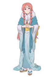 Rule 34 | 1girl, blue kimono, circlet, ebinku, fire emblem, fire emblem: thracia 776, fur-trimmed kimono, fur collar, fur trim, highres, japanese clothes, kimono, linoan (fire emblem), long hair, long sleeves, looking at another, nintendo, obi, own hands together, pink eyes, pink hair, sandals, sash, simple background, smile, solo, white background, wide sleeves, zouri