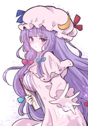 Rule 34 | 1girl, blue bow, blush, book, bow, breasts, closed mouth, crescent, crescent hat ornament, dress, frilled dress, frills, giorgio (yo sumire sola1), hair bow, hat, hat ornament, highres, holding, holding book, large breasts, long hair, long sleeves, looking at viewer, mob cap, patchouli knowledge, purple dress, purple eyes, purple hair, purple hat, red bow, solo, striped clothes, striped dress, touhou, vertical-striped clothes, vertical-striped dress