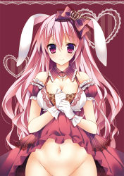 Rule 34 | 1girl, animal ears, bow, breasts, cleavage, clothes lift, crown, detached collar, dress, gloves, groin, hair bow, heart, lifting own clothes, long hair, medium breasts, mini crown, navel, no panties, original, out-of-frame censoring, own hands together, pink hair, rabbit ears, red background, simple background, skirt, skirt lift, smile, solo, sorai shin&#039;ya, white gloves