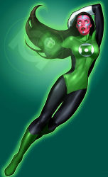 Rule 34 | 1girl, alien, bodysuit, colored skin, dc comics, female focus, flying, gloves, green lantern, green lantern (series), highres, iolande, jewelry, no pupils, red skin, ring, solid eyes, solo, yellow eyes