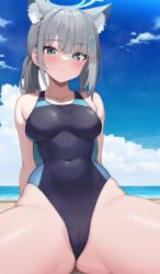 Rule 34 | 1girl, animal ear fluff, animal ears, bare arms, bare shoulders, blue archive, blue one-piece swimsuit, blue sky, blush, breasts, cameltoe, cat ears, collarbone, cross hair ornament, day, grey hair, hair ornament, halo, highres, large breasts, looking at viewer, medium hair, motono (sakamotono), one-piece swimsuit, outdoors, shiroko (blue archive), shiroko (swimsuit) (blue archive), sitting, sky, solo, swimsuit, thighs