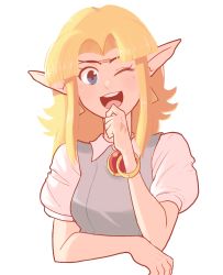 Rule 34 | 1girl, birthmark, blonde hair, blue dress, breasts, dress, elf, gem, grin, hand on own face, highres, laughing, long hair, looking at viewer, nintendo, one eye closed, open mouth, pointy ears, princess zelda, short sleeves, sidelocks, smile, solo, the legend of zelda, the legend of zelda: a link to the past, tiara, triforce, triforce earrings, upper body, wink