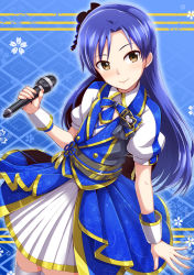 Rule 34 | 1girl, blue hair, brown eyes, dan (orange train), floating hair, hair ornament, head tilt, holding, holding microphone, idolmaster, idolmaster (classic), kisaragi chihaya, leaning to the side, long hair, looking at viewer, microphone, nail polish, pink nails, pleated skirt, skirt, smile, solo, standing, thighhighs, very long hair, white skirt, white thighhighs