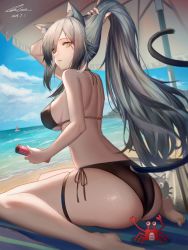 Rule 34 | 1girl, absurdres, animal ear fluff, animal ears, arknights, arm up, ass, ass cutout, back, bare arms, bare shoulders, barefoot, beach, beach umbrella, bikini, black bikini, breasts, bunching hair, cat ears, cat girl, cat tail, clothing cutout, covered erect nipples, crab, day, from behind, grey hair, halterneck, highres, huge filesize, ioriwu8, large breasts, legs, long hair, looking at viewer, looking back, o-ring, o-ring bikini, ocean, outdoors, parted lips, revision, schwarz (arknights), shoulder blades, side-tie bikini bottom, sitting, skindentation, sky, solo, strap gap, string bikini, sweatdrop, swimsuit, tail, tail through clothes, thigh strap, thighs, umbrella, very long hair, wariza, yellow eyes