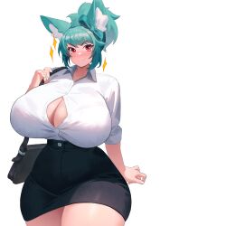 Rule 34 | 1girl, animal ears, aqua hair, bag, black skirt, blush, breasts, bursting breasts, cleavage cutout, clothing cutout, curvy, fang, haru feng, highres, huge breasts, looking at viewer, original, ponytail, red eyes, shirt, short hair, shoulder bag, skirt, smile, solo, tail, thick thighs, thighs, white background, white shirt, wide hips, wolf ears, wolf girl