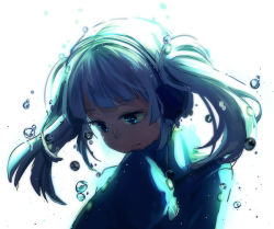 Rule 34 | 1girl, blue eyes, blue hair, bubble, ene (kagerou project), headphones, matching hair/eyes, rosuuri, simple background, solo, twintails, twitter username