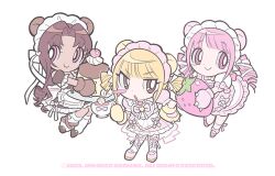 3girls animal_ears animal_hands bear_ears blonde_hair bow brown_eyes brown_hair chibi chibi_only commentary dress drill_hair english_commentary fake_animal_ears food fruit gloves heart invaderdarling long_hair maid multiple_girls original paw_gloves pink_eyes simple_background strawberry twin_drills watermark white_background