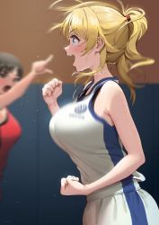 Rule 34 | 2girls, ahoge, ameyame, bare shoulders, black bra, blonde hair, blue eyes, blurry, blurry background, blush, bouncing breasts, bra, bra peek, breasts, clenched hands, depth of field, duplicate, hachimiya meguru, highres, idolmaster, idolmaster shiny colors, large breasts, long hair, looking ahead, motion blur, multiple girls, nape, nose, open mouth, pixel-perfect duplicate, pointing, ponytail, profile, running, shirt, smile, solo focus, sports bra, sweat, tank top, teeth, underwear, upper body, upper teeth only, white shirt