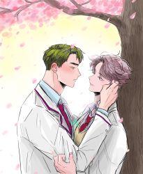 Rule 34 | 2boys, arm up, blazer, blue shirt, blush, brown eyes, brown hair, buttons, cherry blossoms, closed mouth, clothes grab, collared jacket, collared shirt, commentary, couple, eye contact, eyelashes, face-to-face, green hair, haikyuu!!, half-closed eyes, highres, jacket, looking at another, male focus, mintishp, multiple boys, necktie, oikawa tooru (haikyuu!!), outdoors, petals, profile, school uniform, shirt, short hair, smile, sweater vest, symbol-only commentary, upper body, ushijima wakatoshi, white jacket, yaoi