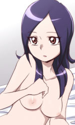 Rule 34 | 00s, 1girl, bed, bed sheet, breasts, eyelashes, fresh precure!, gradient background, higashi setsuna, long hair, lying, nipples, nude, oimanji, open mouth, precure, purple hair, red eyes, sketch, solo, white background