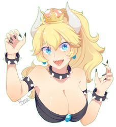 Rule 34 | 1girl, :d, armlet, artist name, bare shoulders, black nails, blonde hair, blue eyes, bowsette, bracelet, breasts, claw pose, cleavage, collar, cropped torso, crown, earrings, fingernails, green outline, hands up, highres, hiuco, horns, jewelry, large breasts, long hair, looking at viewer, mario (series), nail polish, new super mario bros. u deluxe, nintendo, open mouth, outline, ponytail, sharp fingernails, sharp teeth, signature, simple background, smile, solo, spiked armlet, spiked bracelet, spiked collar, spikes, strapless, super crown, teeth, upper body, white background