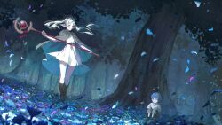 Rule 34 | 1boy, 1girl, aged down, belt, blue eyes, blue hair, cape, commentary request, dress, elf, falling petals, field, floating, flower, flower field, forest, frieren, full body, green eyes, hair lift, highres, himmel (sousou no frieren), holding, holding staff, long hair, mage staff, mmi ryu, nature, open mouth, petals, pointy ears, short hair, sitting, sousou no frieren, staff, thighs, tree, twintails, white dress, white hair
