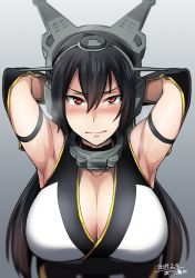 Rule 34 | 10s, 1girl, armpits, arms behind head, arms up, black gloves, black hair, blush, breasts, cleavage, elbow gloves, gloves, headgear, ikeshita moyuko, kantai collection, large breasts, long hair, looking at viewer, nagato (kancolle), red eyes, simple background, solo, upper body, white background