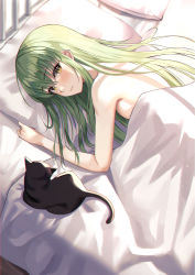 Rule 34 | 1girl, absurdres, animal, bed sheet, black cat, blanket, blush, breasts, c.c., cat, code geass, completely nude, green hair, highres, long hair, looking at viewer, lying, michelan, nude, on stomach, pillow, sideboob, small breasts, under covers, upper body, very long hair, yellow eyes