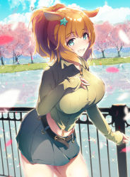 Rule 34 | 1girl, :d, animal ears, belt, blue eyes, blue skirt, blue sky, breasts, brown hair, cherry blossoms, collared shirt, dermar, grass, green sweater, hair ornament, hand on own chest, highres, horse ears, horse girl, large breasts, long hair, looking at viewer, midriff peek, open mouth, outdoors, ponytail, railing, shirt, sidelocks, signature, skirt, sky, sleeves past wrists, smile, solo, standing, star (symbol), star hair ornament, sweater, taiki shuttle (umamusume), thighs, umamusume, water