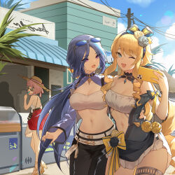 Rule 34 | 3girls, :o, ;d, absurdres, bandeau, bare arms, bare back, bare shoulders, belt, black pants, blonde hair, blue sky, breasts, building, cellphone, charlotte (genshin impact), cleavage, clorinde (genshin impact), commentary request, day, eyewear on head, genshin impact, hand up, hat, highres, holding, holding phone, jiusan naitang, large breasts, leggings, looking at viewer, midriff, multiple girls, navel, navia (genshin impact), one eye closed, open mouth, outdoors, pants, phone, pink hair, purple eyes, purple hair, red skirt, shrug (clothing), skirt, sky, smartphone, smile, standing, stomach, strapless, sun hat, sunglasses, thighlet, thighs, tube top, white belt