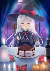 Rule 34 | 1girl, bad id, bad pixiv id, blue curtain, blush, bottle, cake, candle, chair, closed eyes, curtains, dessert, food, ghost, halloween, hand on own face, hat, hat ribbon, highres, long hair, moon, night, night sky, pumpkin candle, ribbon, senren banka, sky, solo, spoon, table, tomotake yoshino, user fvvz3583, white hair, window, wine bottle, witch, witch hat, wooden chair, yuzu-soft
