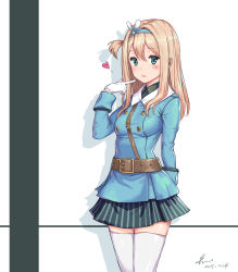 Rule 34 | 1girl, absurdres, arm behind back, belt, belt buckle, between breasts, blonde hair, blue coat, blue eyes, blue hairband, blue skirt, blush, breasts, buckle, buttons, coat, cowboy shot, dated, double-breasted, girls&#039; frontline, gloves, grayhallow, hair ornament, hairband, heart, highres, long hair, long sleeves, looking at viewer, medium breasts, one side up, pointing, pointing at self, signature, skirt, snowflake hair ornament, solo, standing, strap between breasts, striped clothes, striped skirt, suomi (girls&#039; frontline), thighhighs, two-tone background, vertical-striped clothes, vertical-striped skirt, white gloves, white thighhighs, zettai ryouiki
