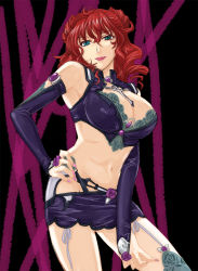 1girl asou_naruto bad_id bad_pixiv_id banpresto blue_eyes breasts bridal_gauntlets cleavage curly_hair drill_hair elbow_gloves female_focus garter_belt gloves large_breasts midriff navel red_hair solo super_robot_wars super_robot_wars_z super_robot_wars_z1 thighhighs xine_espio