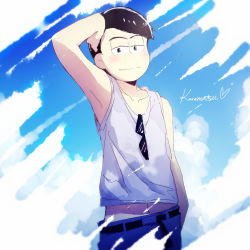 Rule 34 | 10s, 1boy, arm at side, arm up, armpits, bad id, bad pixiv id, bare arms, bare shoulders, belt, blue pants, brown hair, character name, collarbone, cowboy shot, denim, heart, highres, jeans, looking at viewer, male focus, matsuno karamatsu, navel, osomatsu-kun, osomatsu-san, osomatsu (series), pants, peneko, purple eyes, sleeveless, smile, solo, tank top