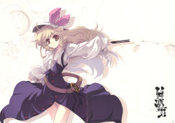 Rule 34 | 1girl, absurdres, blonde hair, crease, hand fan, female focus, hat, highres, long hair, ribbon, scan, scan artifacts, silent sinner in blue, solo, thighs, tokiame, touhou, watatsuki no toyohime, white background, yellow eyes